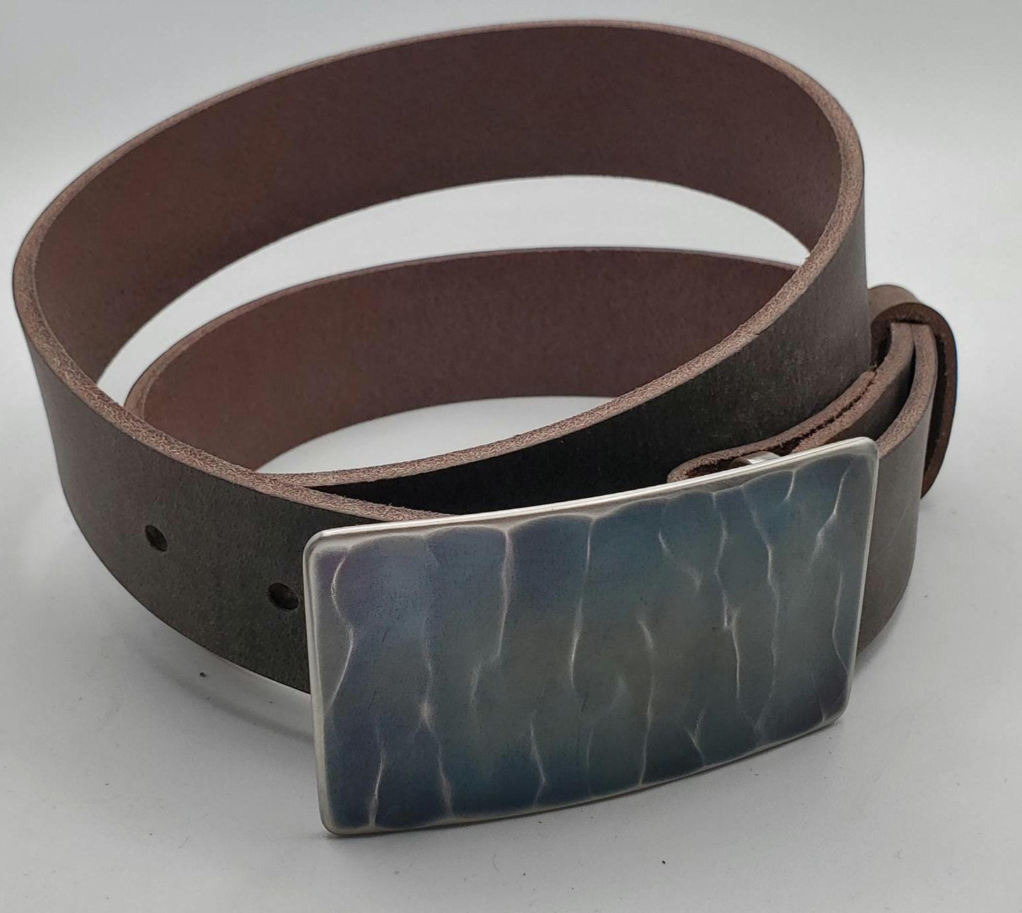 Belt & Buckle Set, Wood Grain, Unisex Gifts, Hand Forged, Stainless Steel Buckle, Blue Buckle, Silver or Bronze Buckle for 1.5" Leather Belt