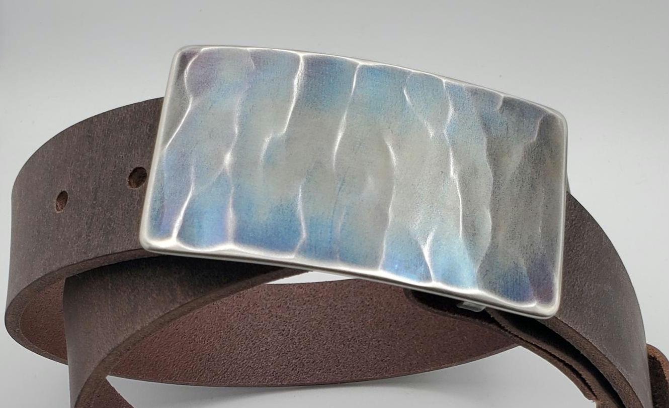 Belt & Buckle Set, Wood Grain, Unisex Gifts, Hand Forged, Stainless Steel Buckle, Blue Buckle, Silver or Bronze Buckle for 1.5" Leather Belt