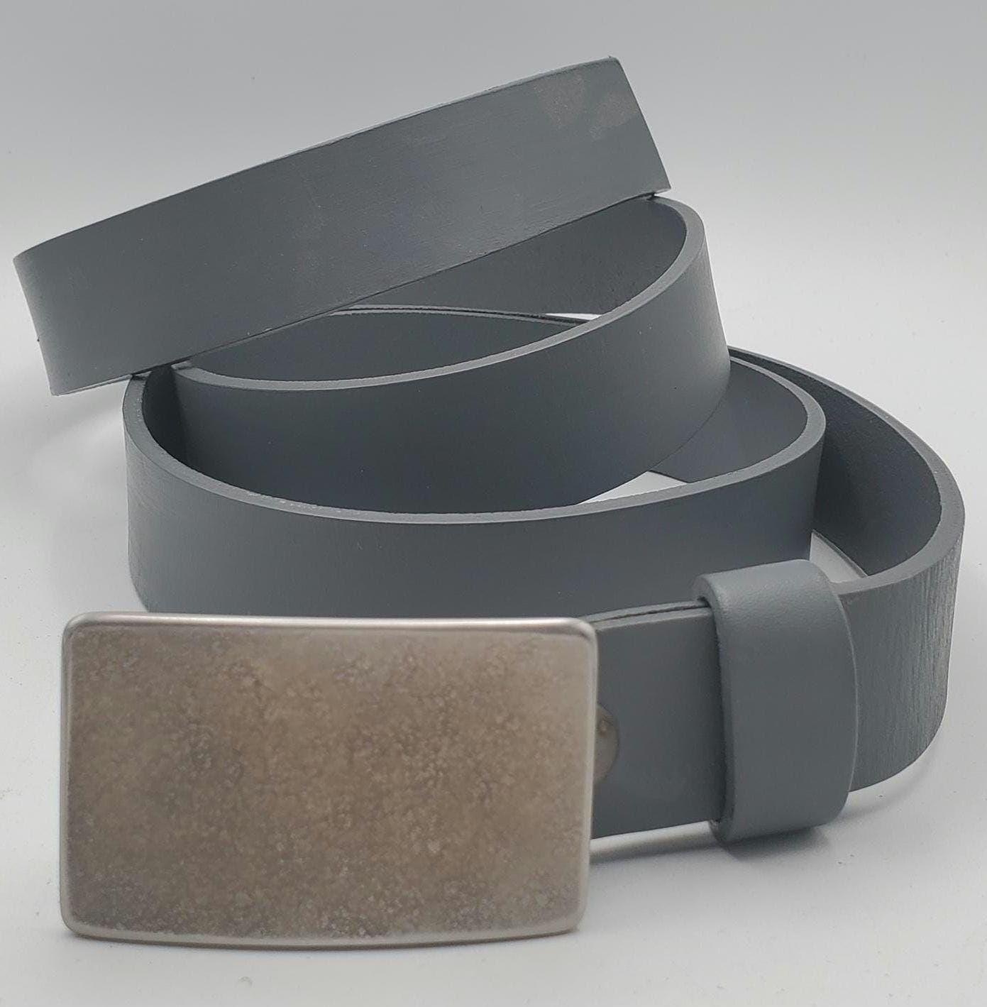 Silver Suit Buckle with Grey Belt - Hand Forged Buckle with Hand Dyed Gray Belt 1-1/4" Wide Belt and Stainless Steel Buckle