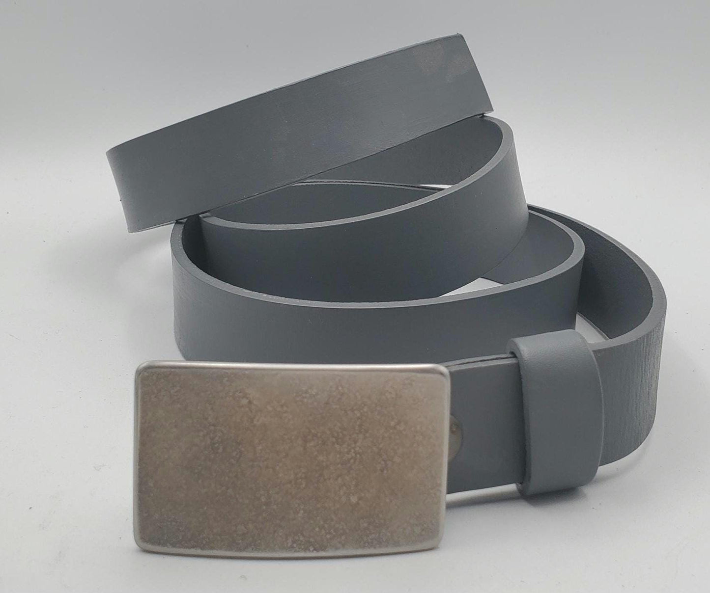 Silver Suit Buckle with Grey Belt - Hand Forged Buckle with Hand Dyed Gray Belt 1-1/4" Wide Belt and Stainless Steel Buckle