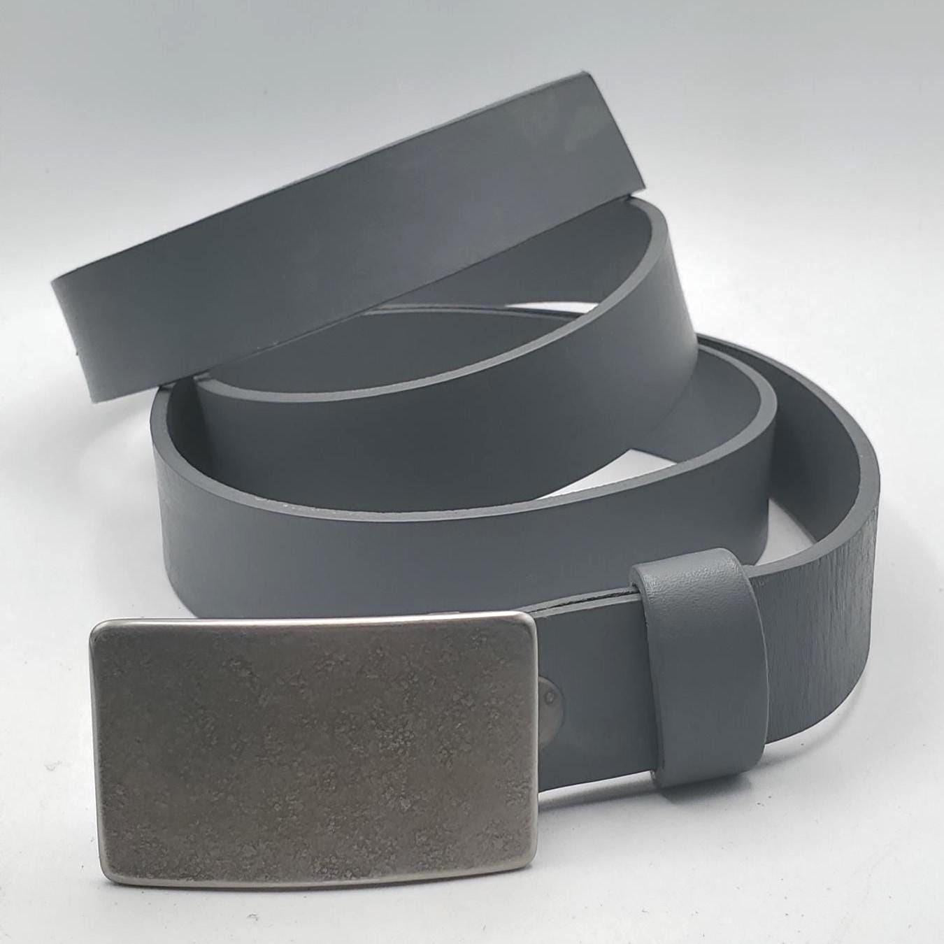 Silver Suit Buckle with Grey Belt - Hand Forged Buckle with Hand Dyed Gray Belt 1-1/4" Wide Belt and Stainless Steel Buckle