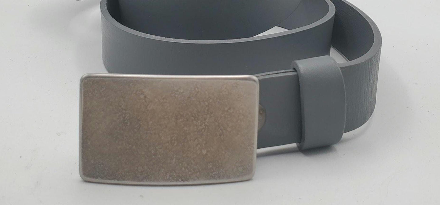 Silver Suit Buckle with Grey Belt - Hand Forged Buckle with Hand Dyed Gray Belt 1-1/4" Wide Belt and Stainless Steel Buckle