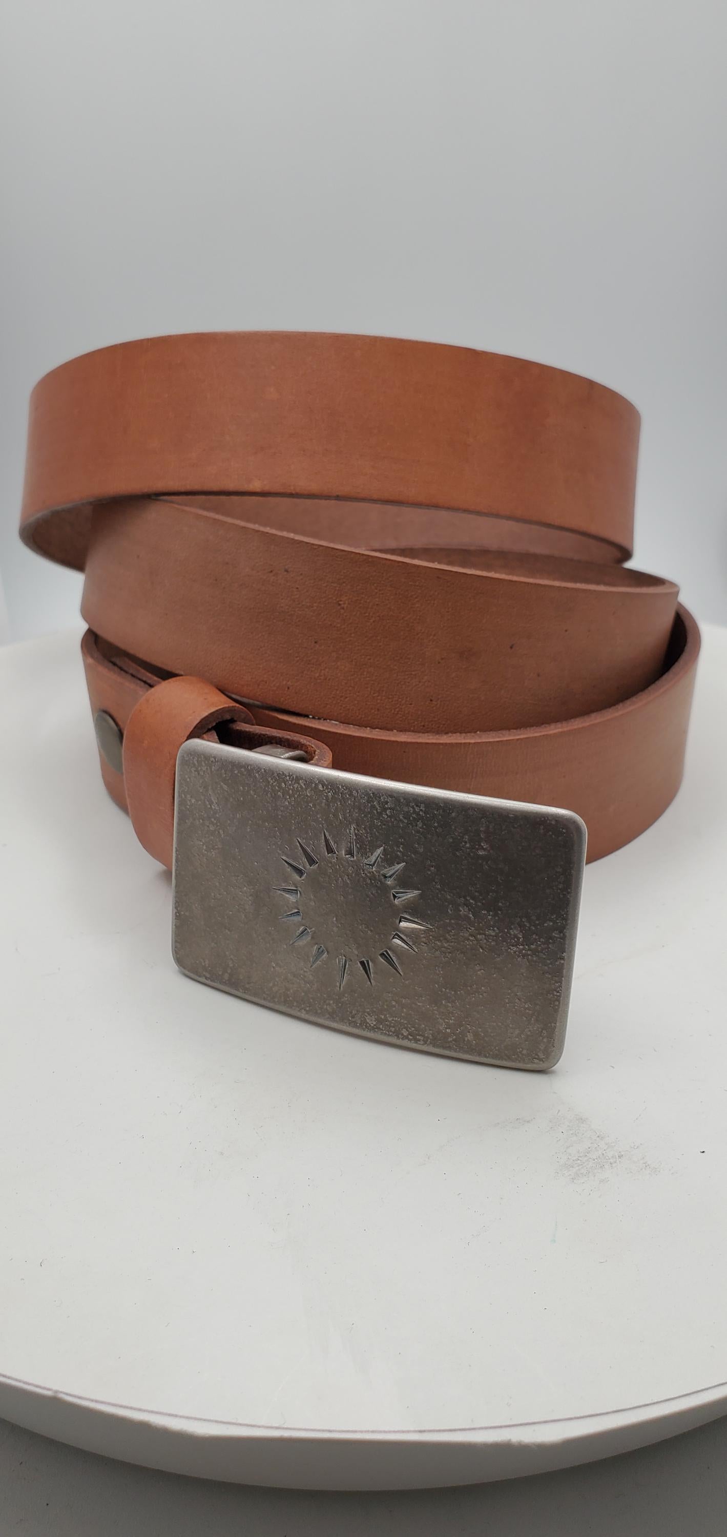 Hand Forged Sun Buckle with Sand Hand Dyed Belt 1-1/4" Suit Belt & Signed Golden Sun Buckle