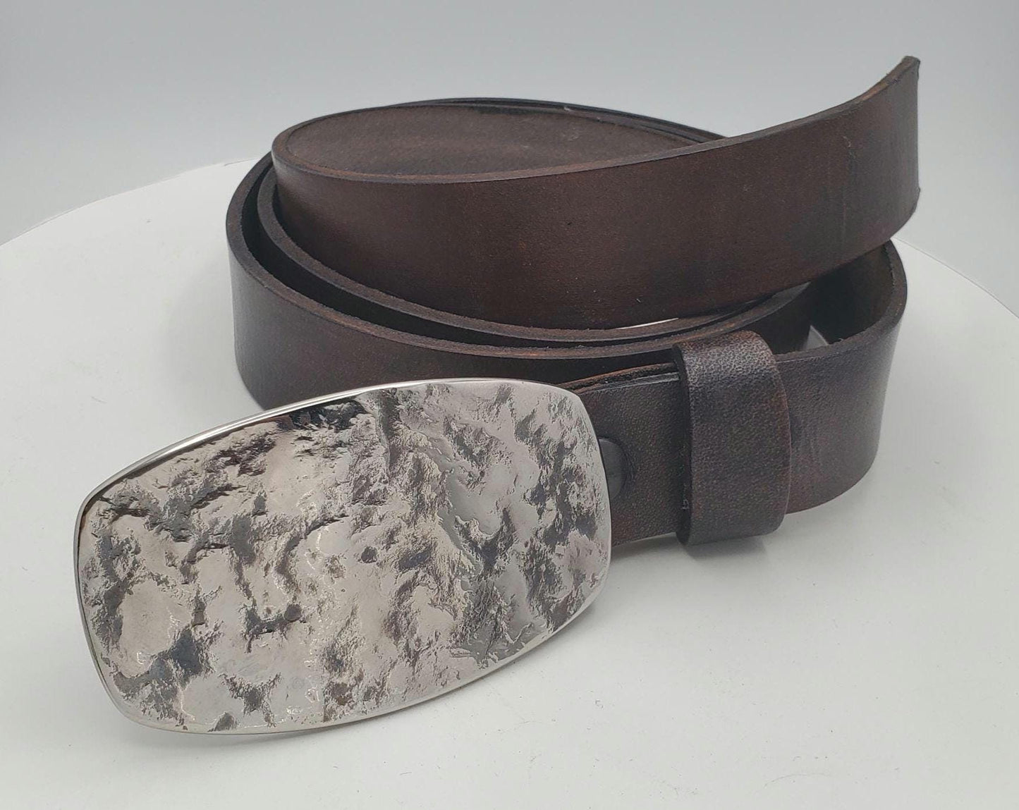 Hand Forged Buckle with Hand Dyed Brown/Slate Belt - Silver/Slate Buckle with Hand Dyed Slate/Brown 1-1/4" Wide Belt