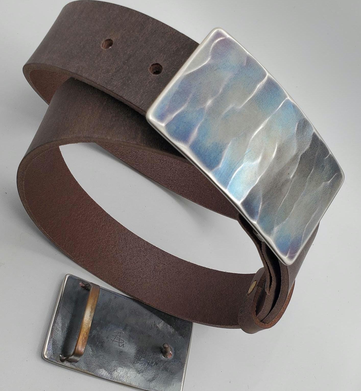 Belt & Buckle Set, Wood Grain, Unisex Gifts, Hand Forged, Stainless Steel Buckle, Blue Buckle, Silver or Bronze Buckle for 1.5" Leather Belt