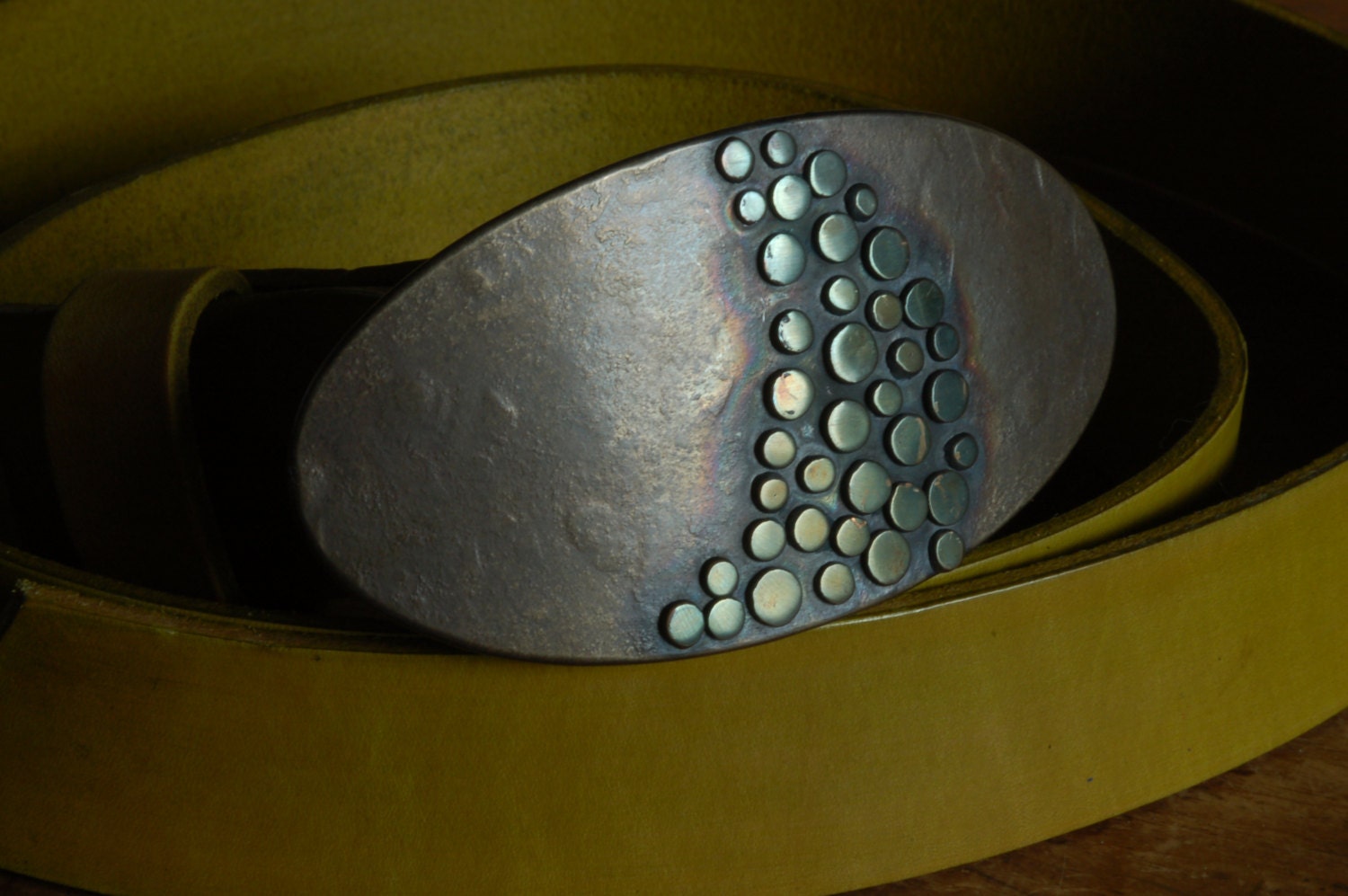 Artisan Belt Buckle & Chartreuse Hand Dyed Belt with Snaps Hand Forged Stainless Steel w/ Bronze "Whirlwind" Fits 1-1/2" Belt for Blue Jeans