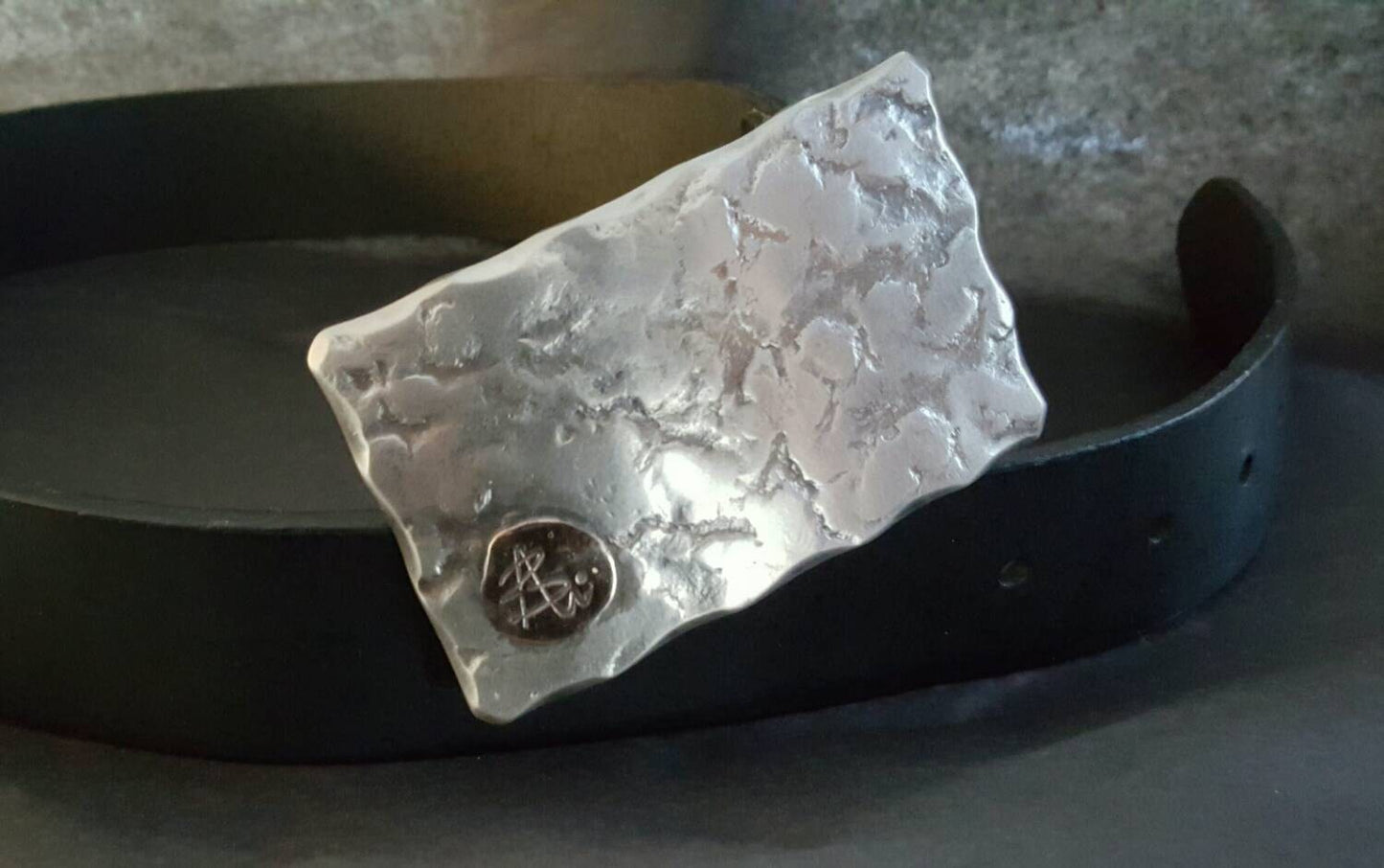 Belt Buckle Signed Original Silver Hand Forged Buckle w/ Bronze Artist's Signature, Hypoallergenic, Stainless Steel For 1.5" Leather Belt