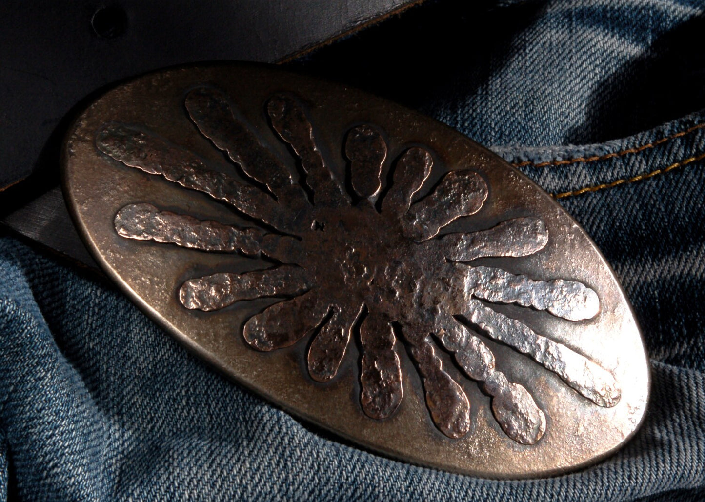 Oval Belt Buckle, Sunburst, Bronze Anniversary Gift, Hand Forged Buckle, Unisex Gift, Anvil Hammered Stainless Steel for 1.5" Leather Belt