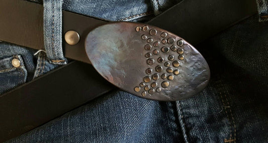 Belt Buckle, Hand Forged, Canadian Artisan Belt Buckle, Stainless Steel with Polka Dot Overlay, Fits 1-1/2" Belt for Blue Jeans, Streetwear