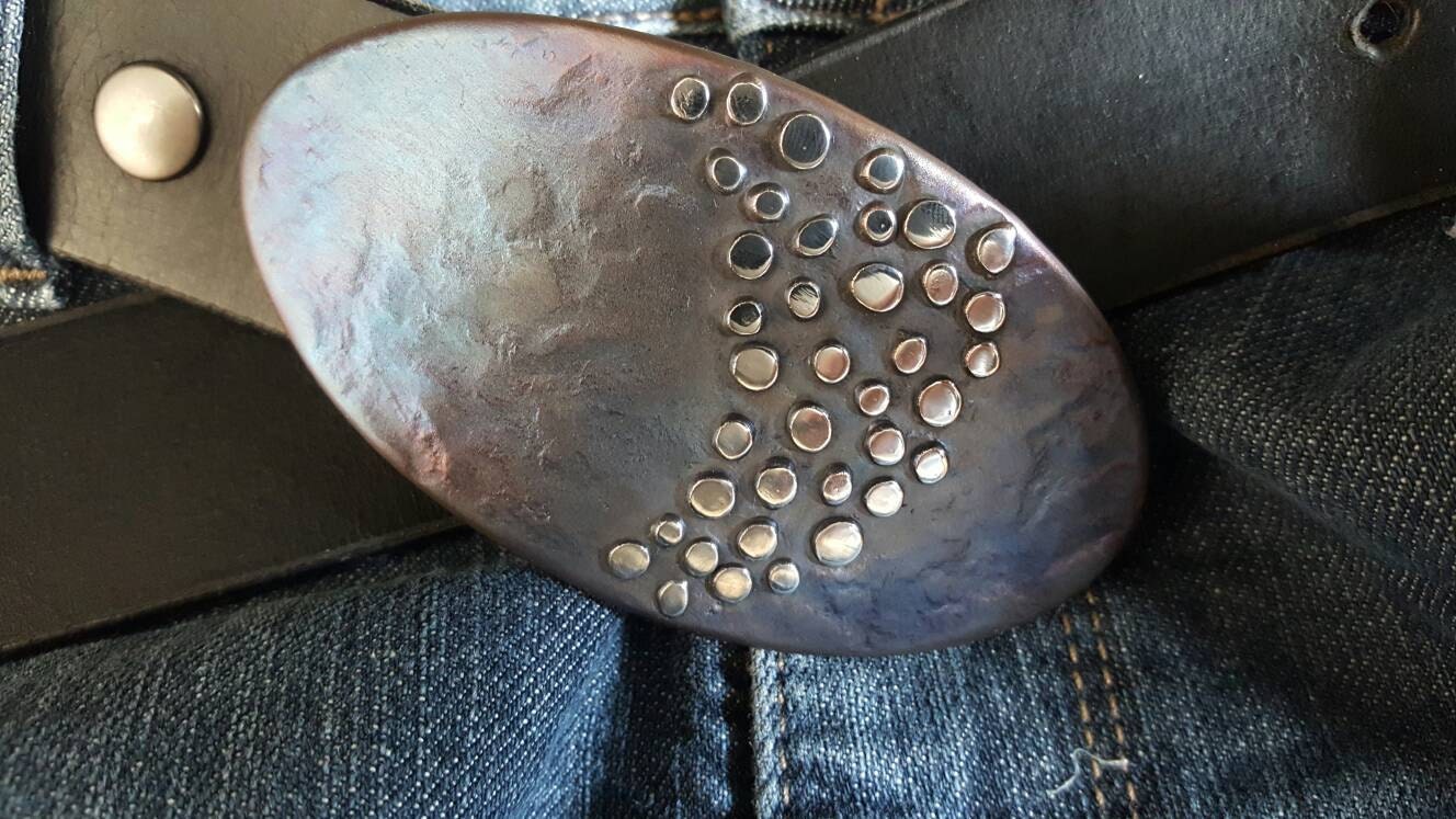 Belt Buckle, Hand Forged, Canadian Artisan Belt Buckle, Stainless Steel with Polka Dot Overlay, Fits 1-1/2" Belt for Blue Jeans, Streetwear