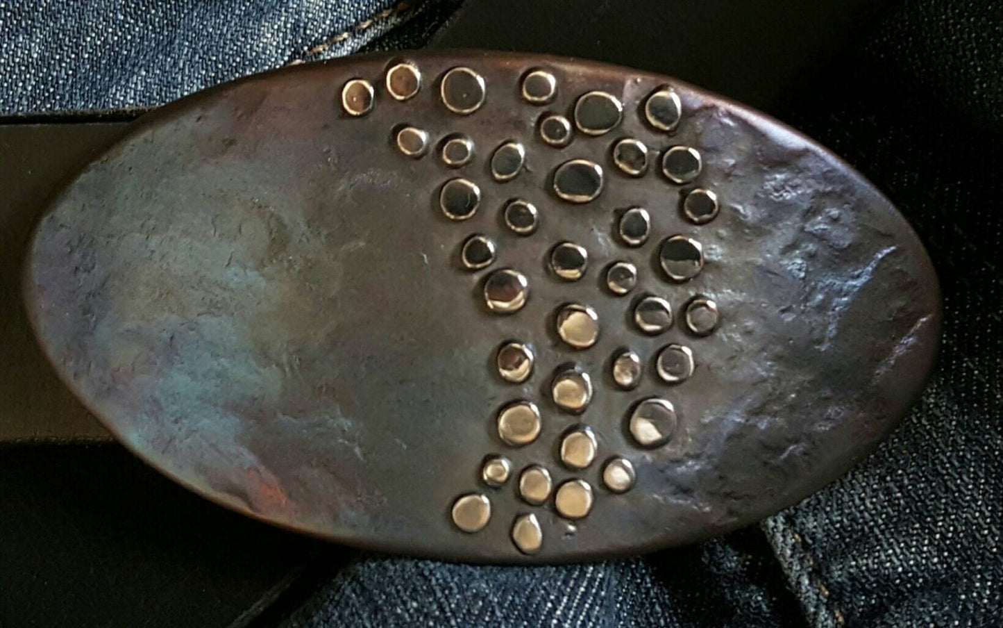 Belt Buckle, Hand Forged, Canadian Artisan Belt Buckle, Stainless Steel with Polka Dot Overlay, Fits 1-1/2" Belt for Blue Jeans, Streetwear