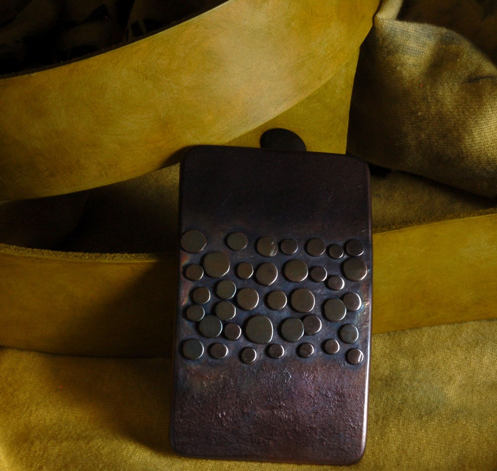 Artisan Belt Buckle & Chartreuse Hand Dyed Belt with Snaps Hand Forged Buckle w/ Bronze Green Polka Dot Design Fits 1.5" Belt for Blue Jeans