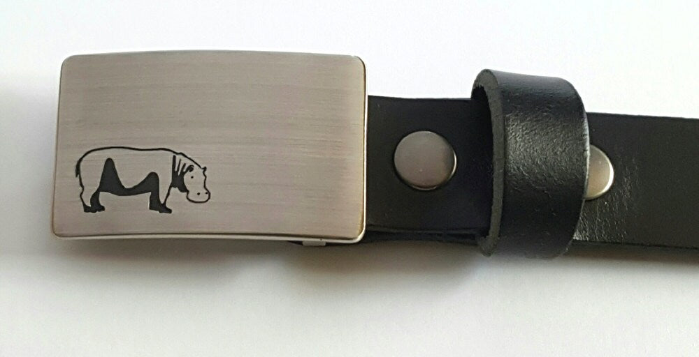 Personalized Belt & Buckle Set African Safari Etched Hippo Zebra Customized Design Your Buckle w/ 1-1/4" Wide Leather Belt with Snaps