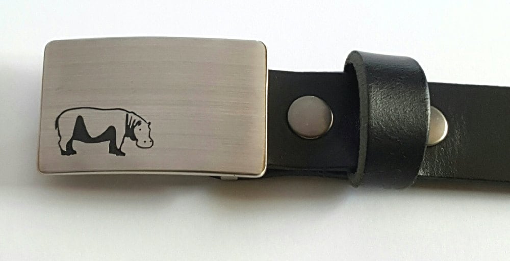 Personalized Belt & Buckle Set, African Safari, Etched Hippo, Zebra, Customized, Design Your Buckle w/ 1-1/4" Wide Leather Belt with Snaps