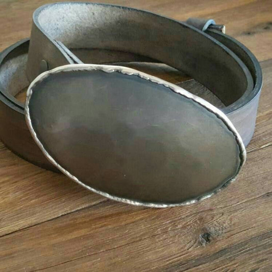 Texas Belt Buckle & Leather Belt, Hand Forged Buckle, Bronze or Silver Oversized Oval, Handcrafted in Canada, Bronze Anniversary Gift