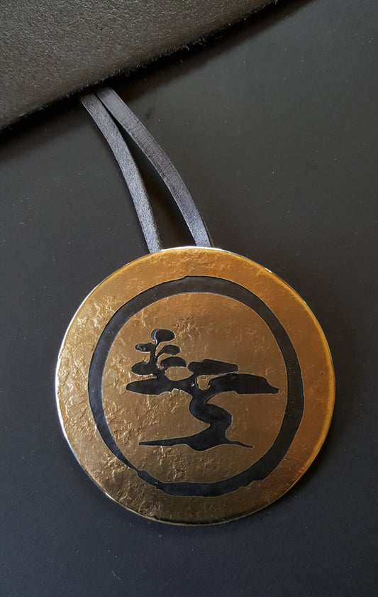 Etched African Tree, Pendant Necklace, Stainless Steel, Bronze & Black Personalized Necklace Hand Forged Signed Original with Leather Strap