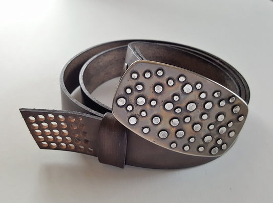 Handcrafted Canadian Belt & Buckle SET Hand Forged Polka Dot Belt Buckle w/ Hand Dyed Leather Slate Wood Grain Snap Belt for Jeans or Chinos