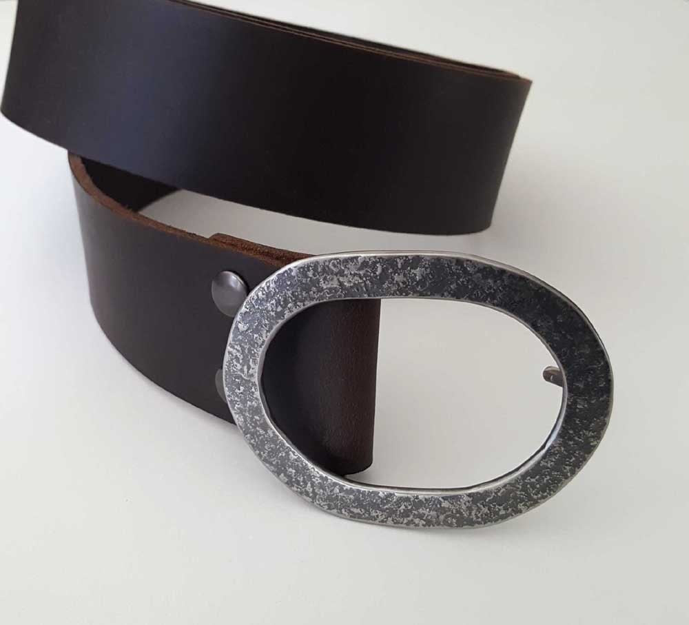 2" Leather Belt & Hand Forged Oval Belt Buckle SET Motorcycle Unisex Belt and Buckle Belt Custom Cut Five Leather Belt Colours Available