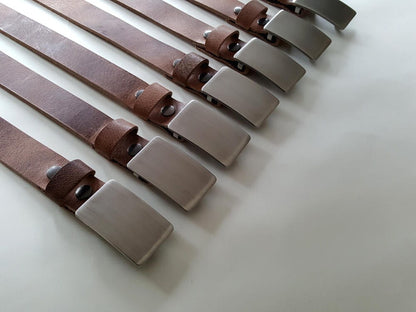 Wedding Belt and Buckle Set Unisex Groom & Groomsmen Gift Wedding Keepsake Brushed Stainless Buckle w/ Distressed Leather Snap Belt