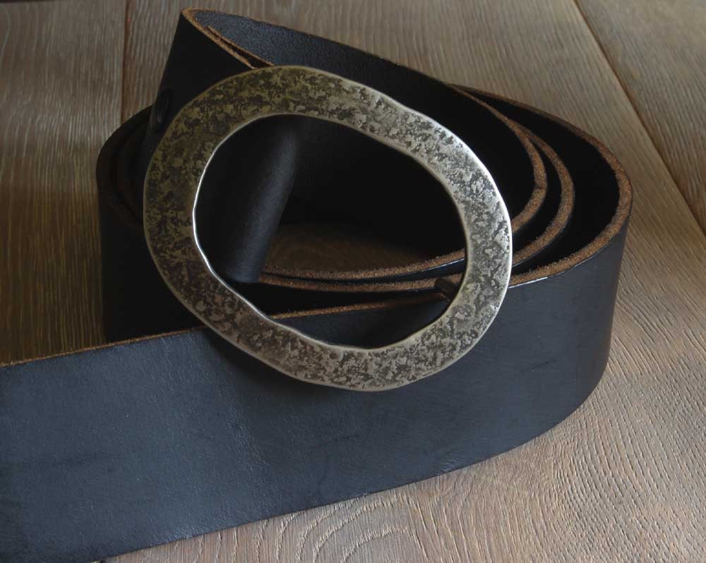 2" Leather Belt & Hand Forged Oval Belt Buckle SET Motorcycle Unisex Belt and Buckle Belt Custom Cut Five Leather Belt Colours Available