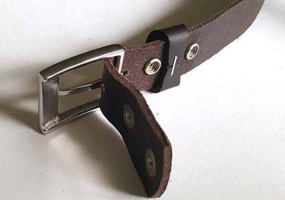Dark Brown Oiled Buffalo Leather Belt with Snaps and Belt Keeper 1-1/4" wide for Suit Custom Cut for You Gift for Everyday Gift for Guys