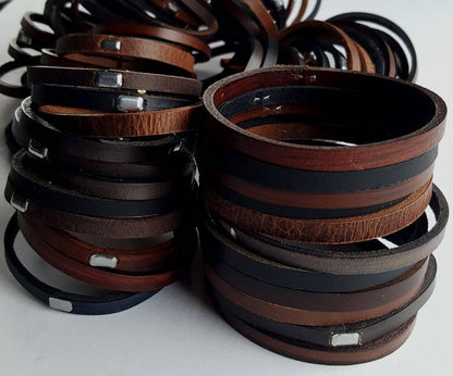 Leather Bangle Stackable Leather Bracelet Stainless Clasp Stocking Stuffer, Unisex Leather Cuffs, Hand Dyed Stackable Bracelet & Gift Bag
