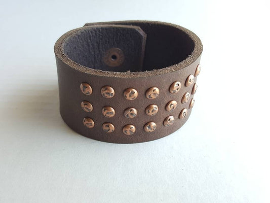 Leather Cuff w Copper Rivets Unisex Bracelet Wrist Cuff Snap Close Leather, Custom Size Velvet or Burlap Gift Bag Included Unisex Gift