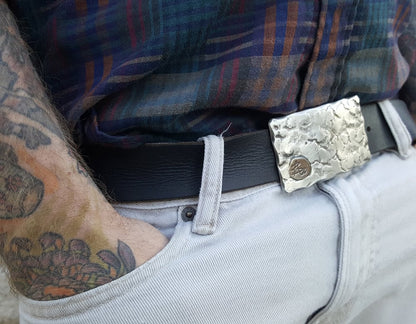 Belt Buckle Signed Original Silver Hand Forged Buckle w/ Bronze Artist's Signature, Hypoallergenic, Stainless Steel For 1.5" Leather Belt