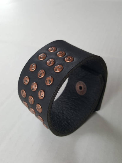 Leather Cuff w Copper Rivets Unisex Bracelet Wrist Cuff Snap Close Leather, Custom Size Velvet or Burlap Gift Bag Included Unisex Gift