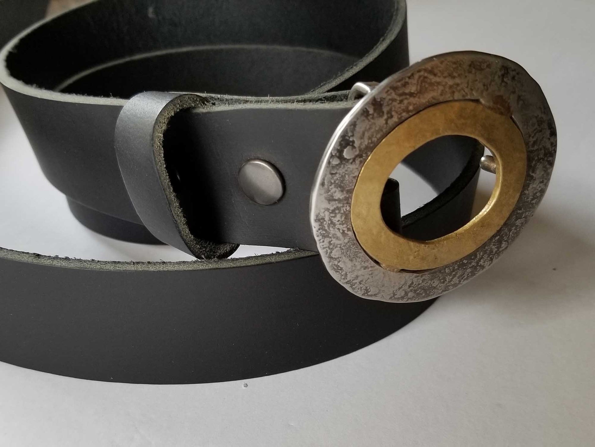 Round Belt Buckle Silver Stainless Steel & Bronze Dress Buckle Hand Forged Buckle Fits 1-1/2" Belt Ladies Poncho Buckle Gift for Her