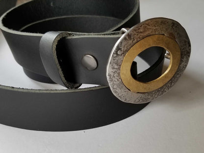 Round Belt Buckle Silver Stainless Steel & Bronze Dress Buckle Hand Forged Buckle Fits 1-1/2" Belt Ladies Poncho Buckle Gift for Her
