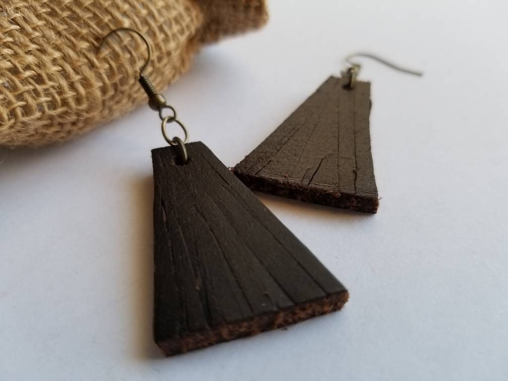 Plum Leather Dangle Earrings & Gift Bag Boho Beach Wedding Jewelry Lightweight Geometric Earrings Handmade Gift for Her Bridesmaid Gift