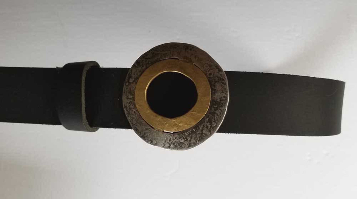 Round Belt Buckle Silver Stainless Steel & Bronze Dress Buckle Hand Forged Buckle Fits 1-1/2" Belt Ladies Poncho Buckle Gift for Her