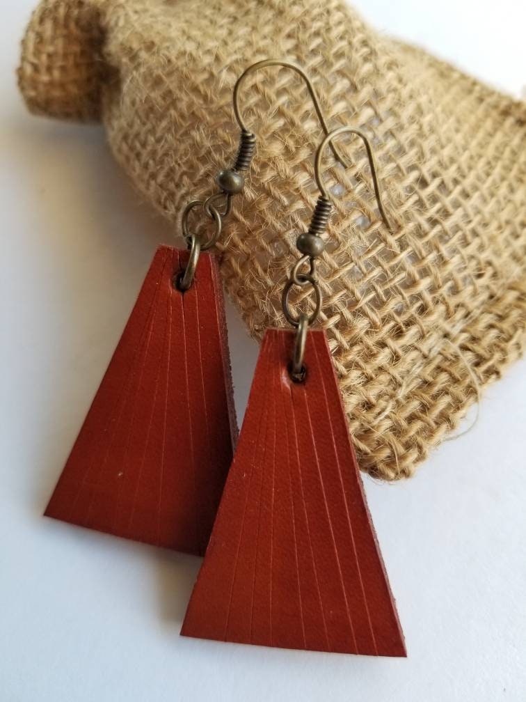 Plum Leather Dangle Earrings & Gift Bag Boho Beach Wedding Jewelry Lightweight Geometric Earrings Handmade Gift for Her Bridesmaid Gift