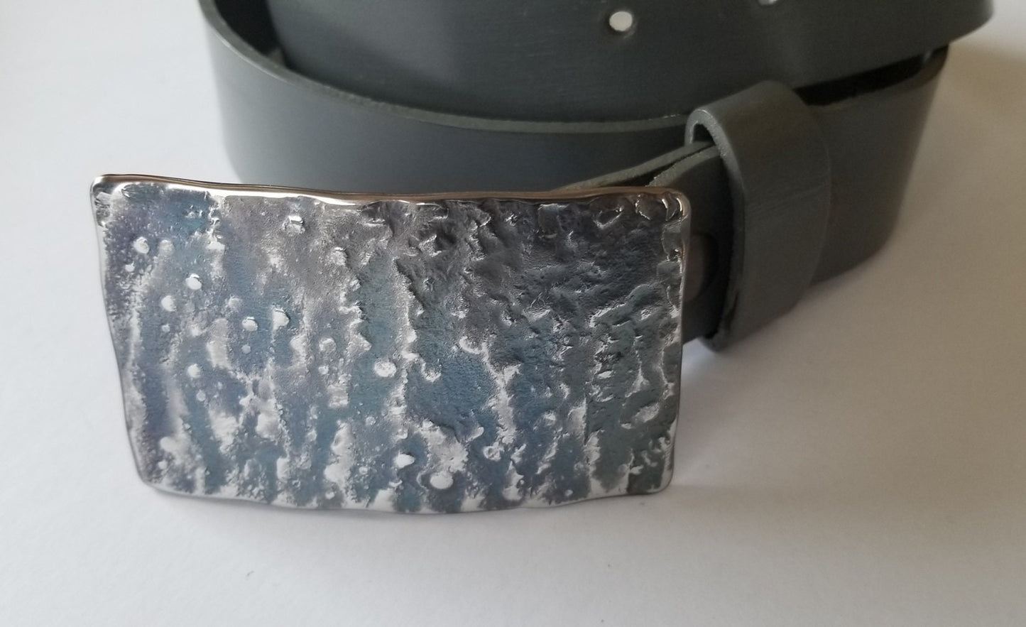 Blue Grey Belt Buckle & Charcoal Grey Belt Set For Jeans ~ Unisex Gifts ~ Hand Forged Stainless Steel Buckle Fits 1-1/2" Leather Dress Belt
