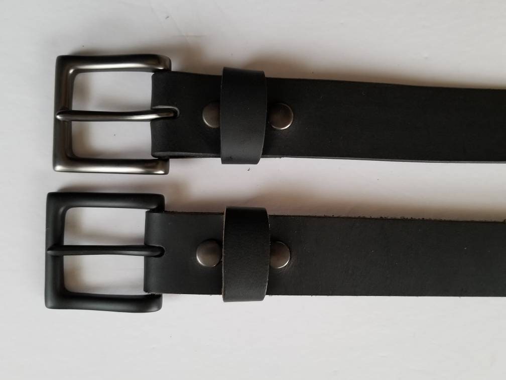 Leather Belt and Buckle Set Classic Black on Black Black Buckle 1-1/2" Oiled Buffalo Leather Belt with Snaps for Jeans ~ Custom Cut Belt