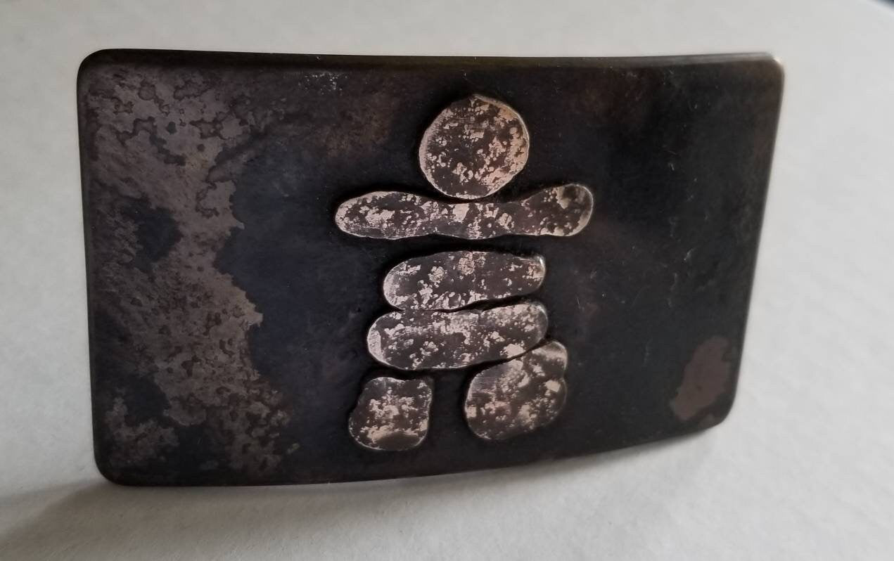 Belt & Buckle Set- Inuit Art -Rustic Bronze Inukshuk - Hand Made in Canada - Hand Forged Belt Buckle with Leather 1.5" Belt for Blue Jeans