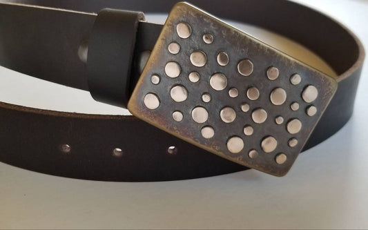 Belt Buckle, Polka Dot, Signed Original Belt Buckle, Hypoallergenic Buckle for 1.5" Jean, Hand Forged Stainless Steel Silver or Bronze Dot