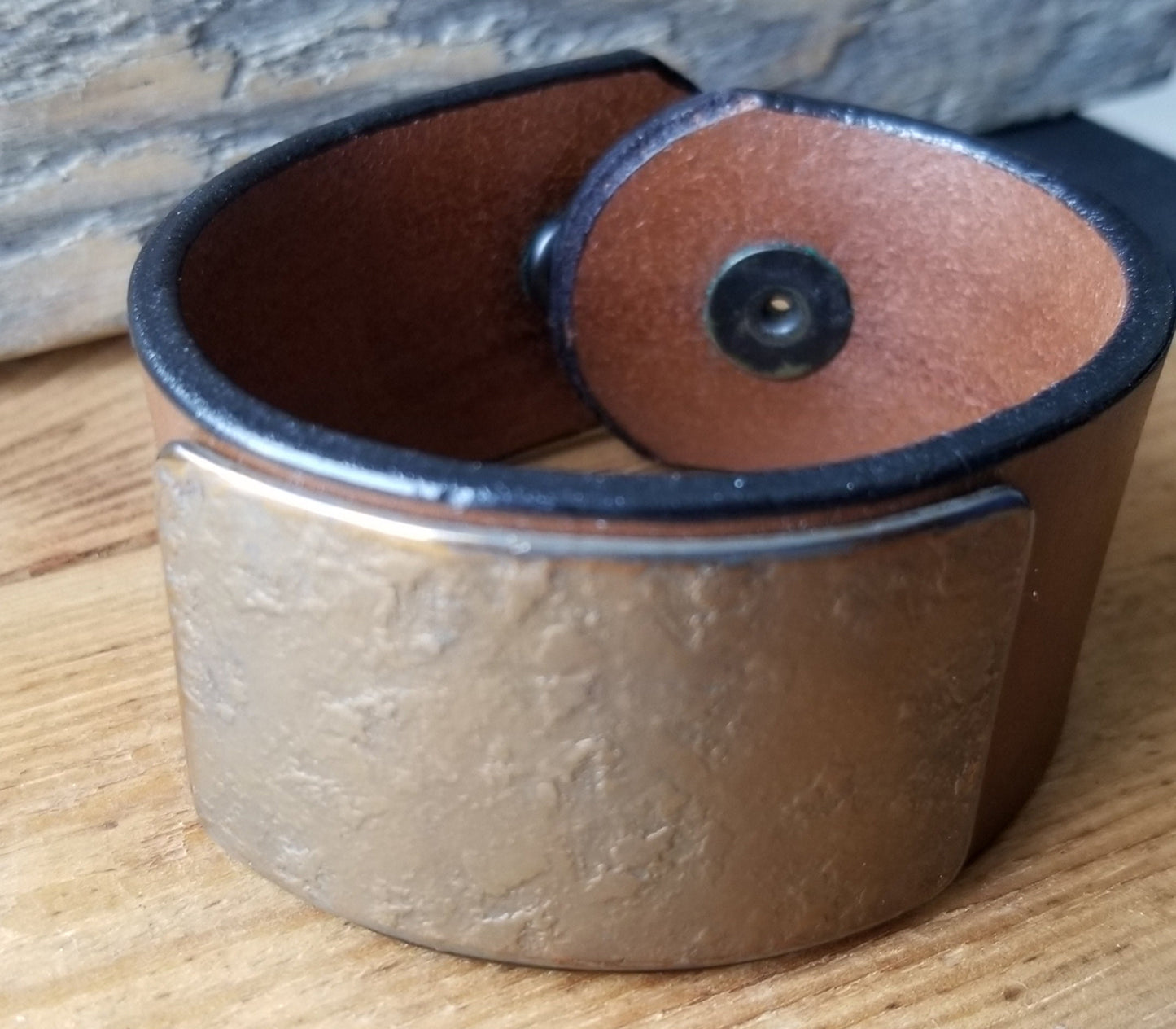Wrist Cuff Unisex Leather & Metal Choice of Leather Colors w snaps Hand Forged Stainless Steel Gold or Silver Plate, Gift Bag Included
