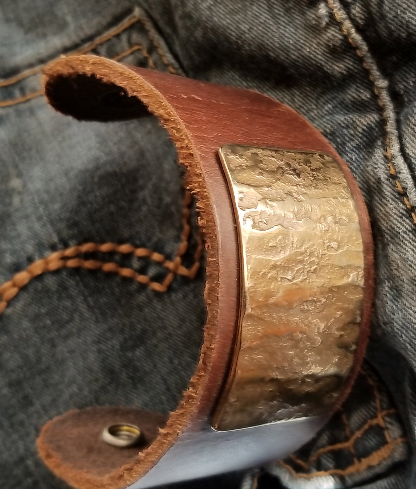 Leather & Metal Wrist Cuff Choice of Leather Colour w Snap Close Hand Forged Stainless Steel Gold or Silver Plate,Burlap Gift Bag Included