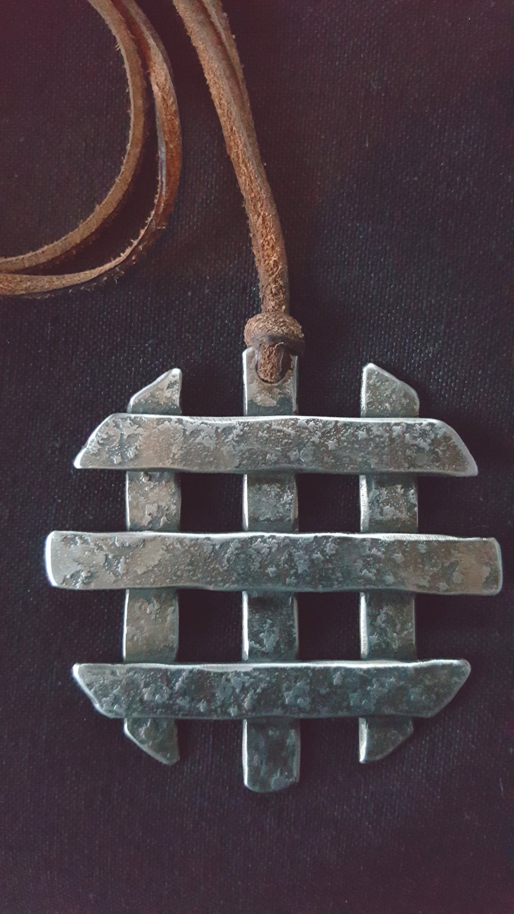 Asian Flair, Pendant Necklace, Hand Forged Statement Piece, Stainless Steel Anniversary, Leather Strap with Single Knot Ties It All Together