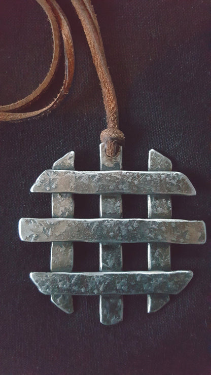 Asian Flair, Pendant Necklace, Hand Forged Statement Piece, Stainless Steel Anniversary, Leather Strap with Single Knot Ties It All Together