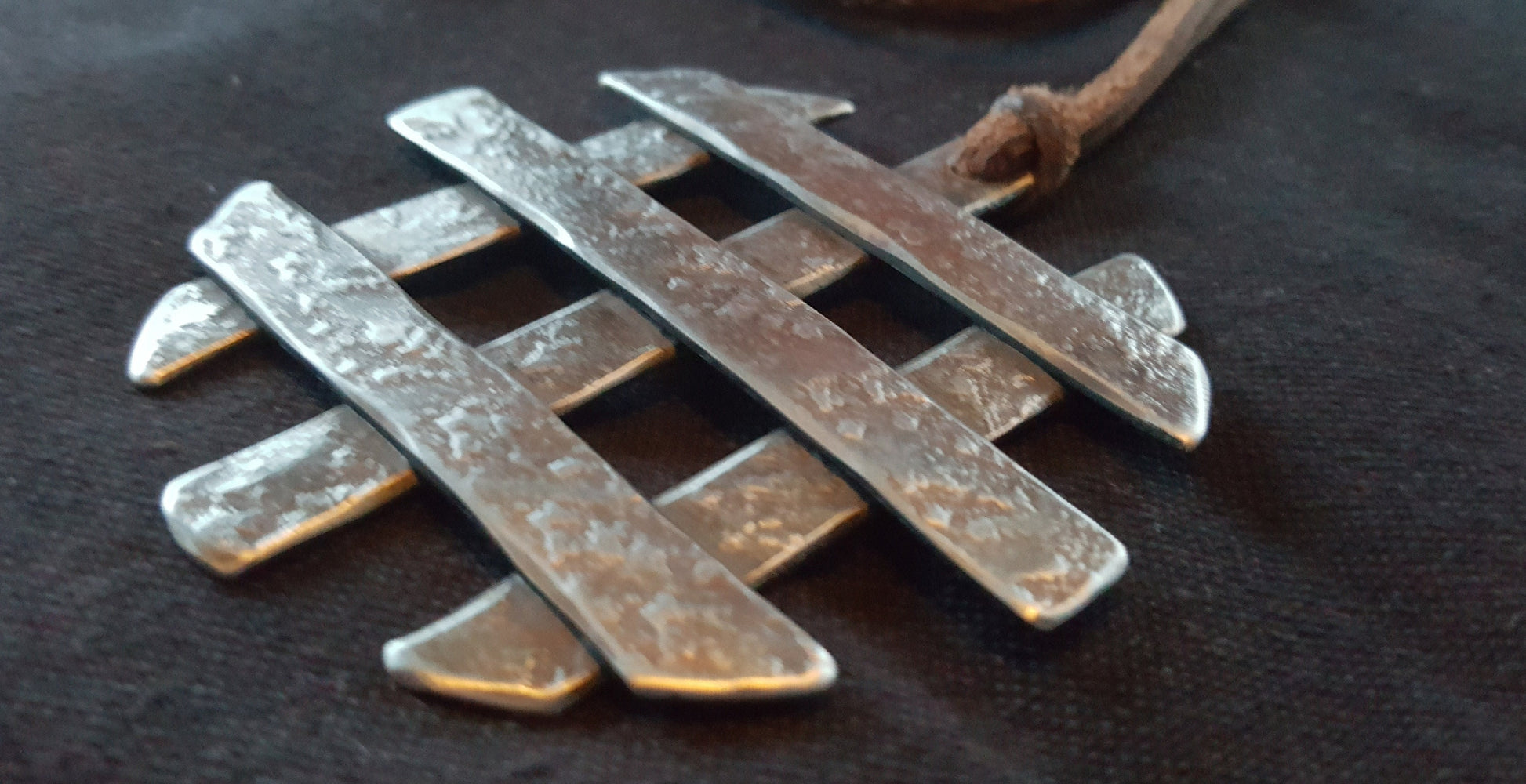 Asian Flair, Pendant Necklace, Hand Forged Statement Piece, Stainless Steel Anniversary, Leather Strap with Single Knot Ties It All Together