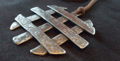 Asian Flair, Pendant Necklace, Hand Forged Statement Piece, Stainless Steel Anniversary, Leather Strap with Single Knot Ties It All Together