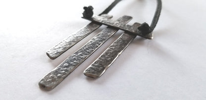 Asian Flair, Pendant Necklace, Hand Forged Statement Piece, Stainless Steel Anniversary, Leather Strap with Single Knot Ties It All Together