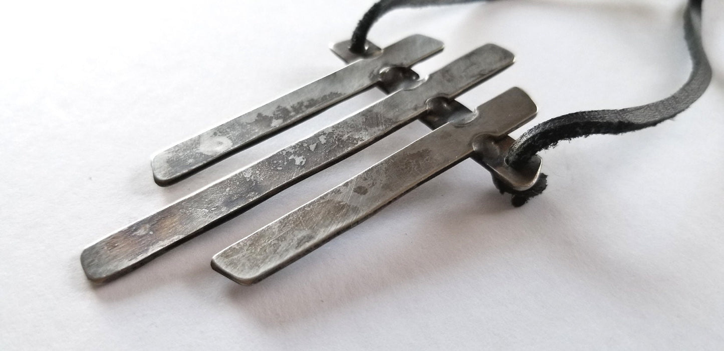 Asian Flair, Pendant Necklace, Hand Forged Statement Piece, Stainless Steel Anniversary, Leather Strap with Single Knot Ties It All Together