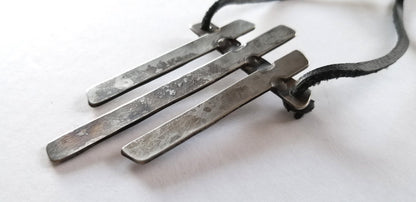 Asian Flair, Pendant Necklace, Hand Forged Statement Piece, Stainless Steel Anniversary, Leather Strap with Single Knot Ties It All Together