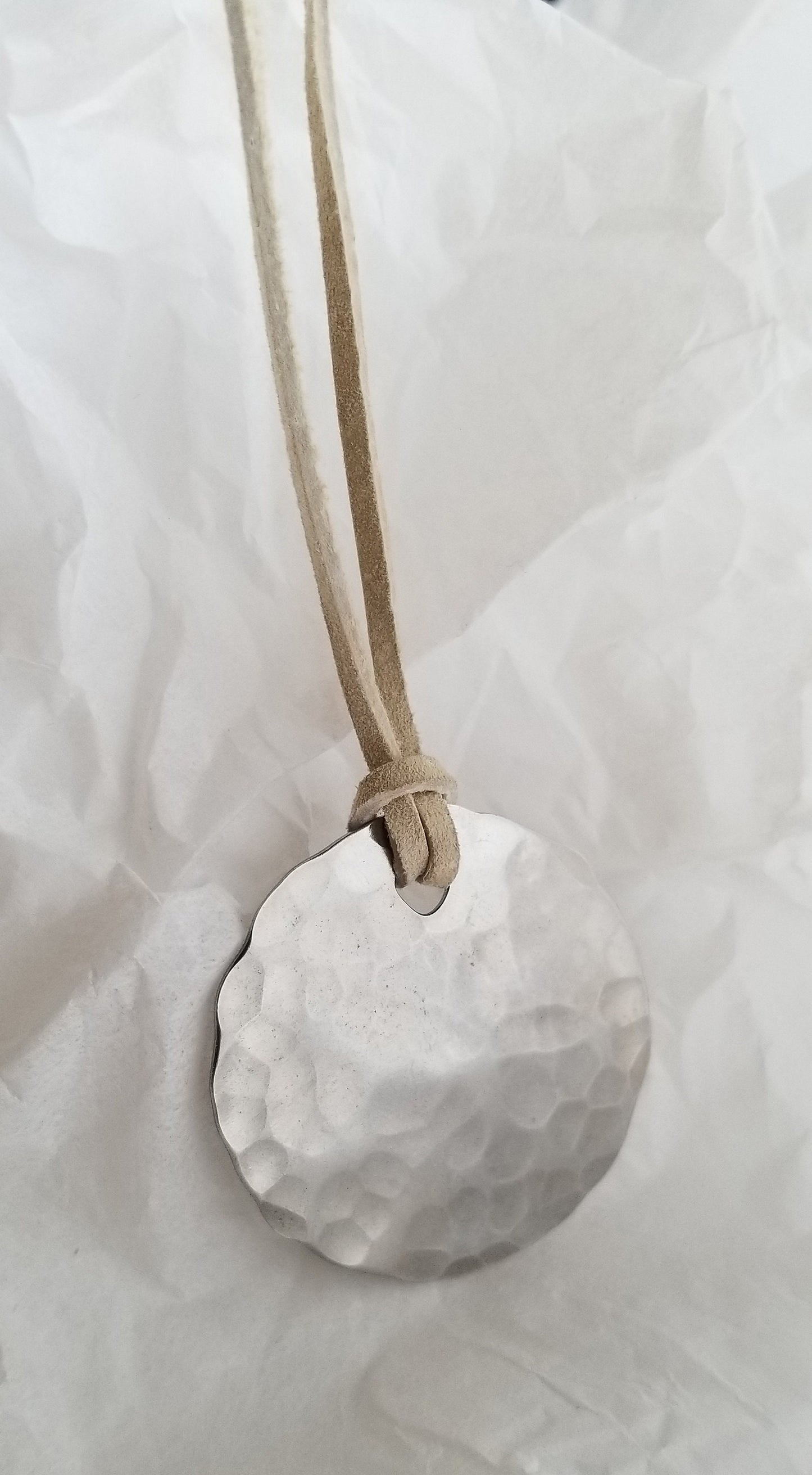 Hammered Silver Lightweight Pendant on a Natural Leather Strap with Single Knot, Stocking Stuffer, Simple Gifts for Gals, Lightweight Gifts