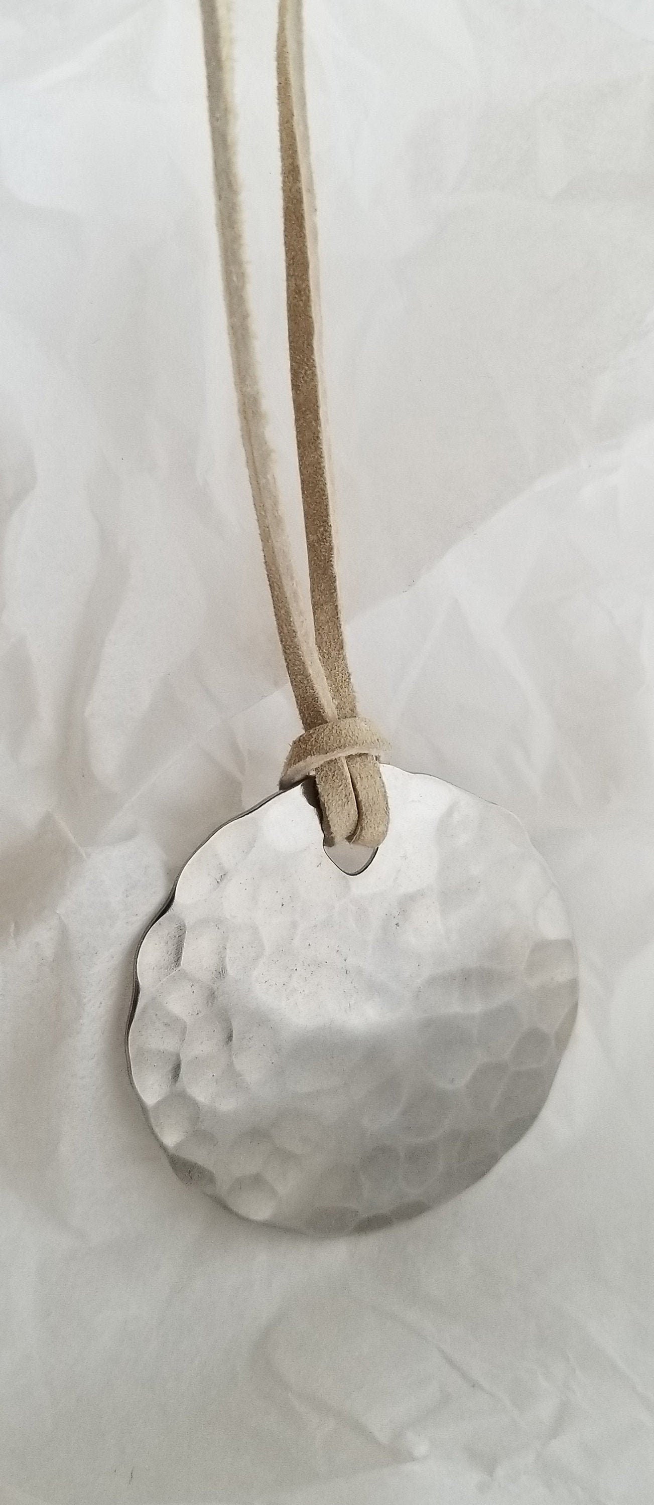 Hammered Silver Lightweight Pendant on a Natural Leather Strap with Single Knot, Stocking Stuffer, Simple Gifts for Gals, Lightweight Gifts