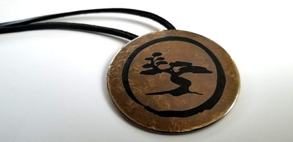 Etched African Tree, Pendant Necklace, Stainless Steel, Bronze & Black Personalized Necklace Hand Forged Signed Original with Leather Strap